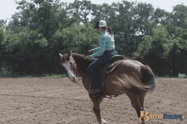 Cowboy in turquoise shirt and hat riding brown horse in dirt arena with trees in background