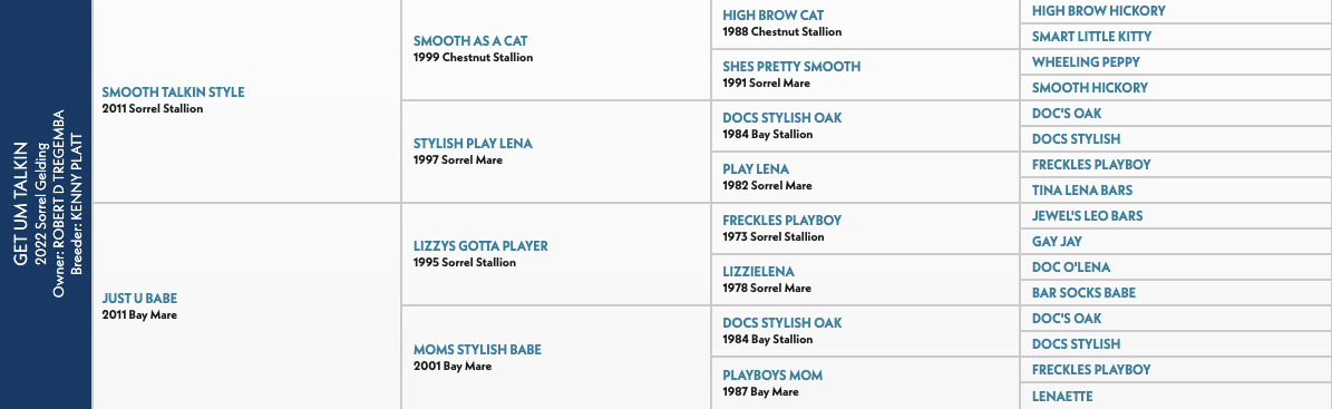 Five-generation pedigree chart for Get Um Talkin, a 2022 sorrel gelding by Smooth Talkin Style out of Just U Babe