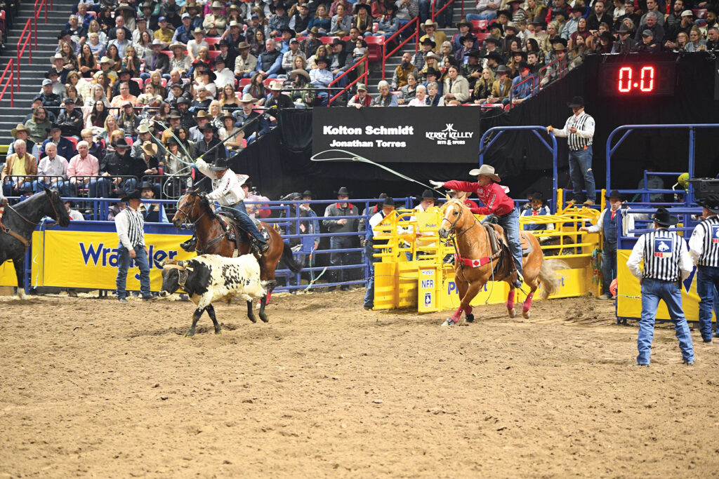Team ropers chase a spotted steer out of the box in a packed rodeo arena, header swinging his loop as the heeler follows