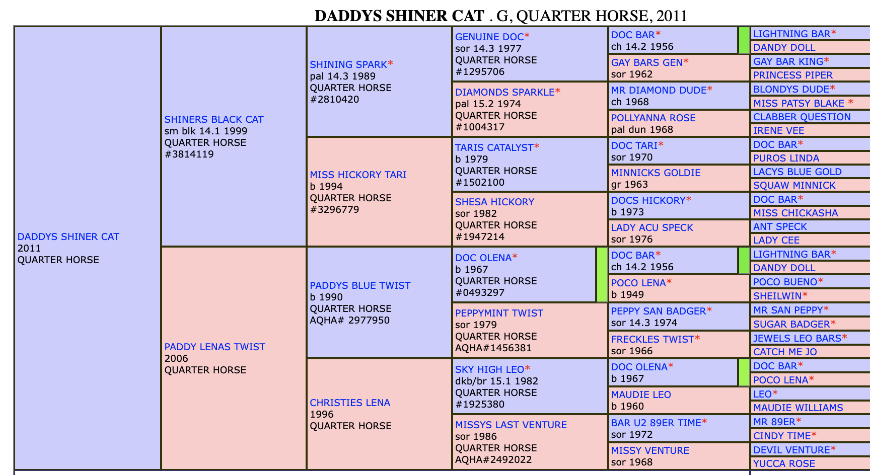 Five-generation pedigree chart for Daddys Shiner Cat, a 2011 Quarter Horse gelding, with color-coded sire and dam lines