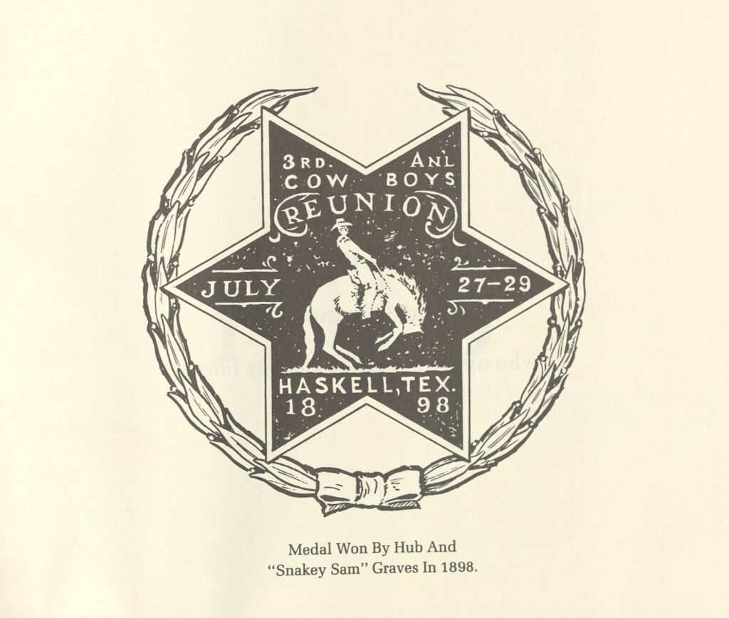 Star-shaped medal engraved with a bronc rider, reading "3rd Anl Cow Boys Reunion, July 27-29, Haskell, Tex. 1898" inside a laurel wreath