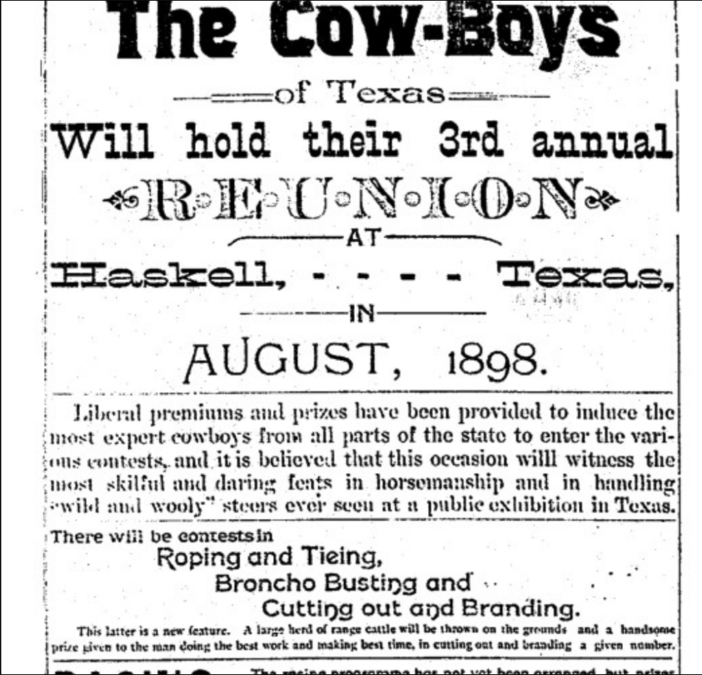 1898 newspaper advertisement for the Cow-Boys of Texas 3rd annual reunion in Haskell, listing roping and bronc riding contests