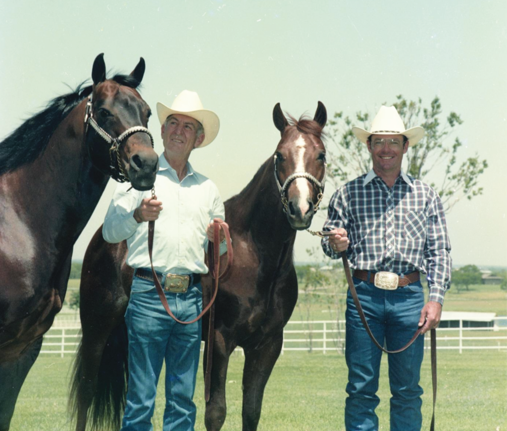 Two men in cowboy hats and trophy belt buckles stand holding lead ropes of two bay horses on a grassy ranch