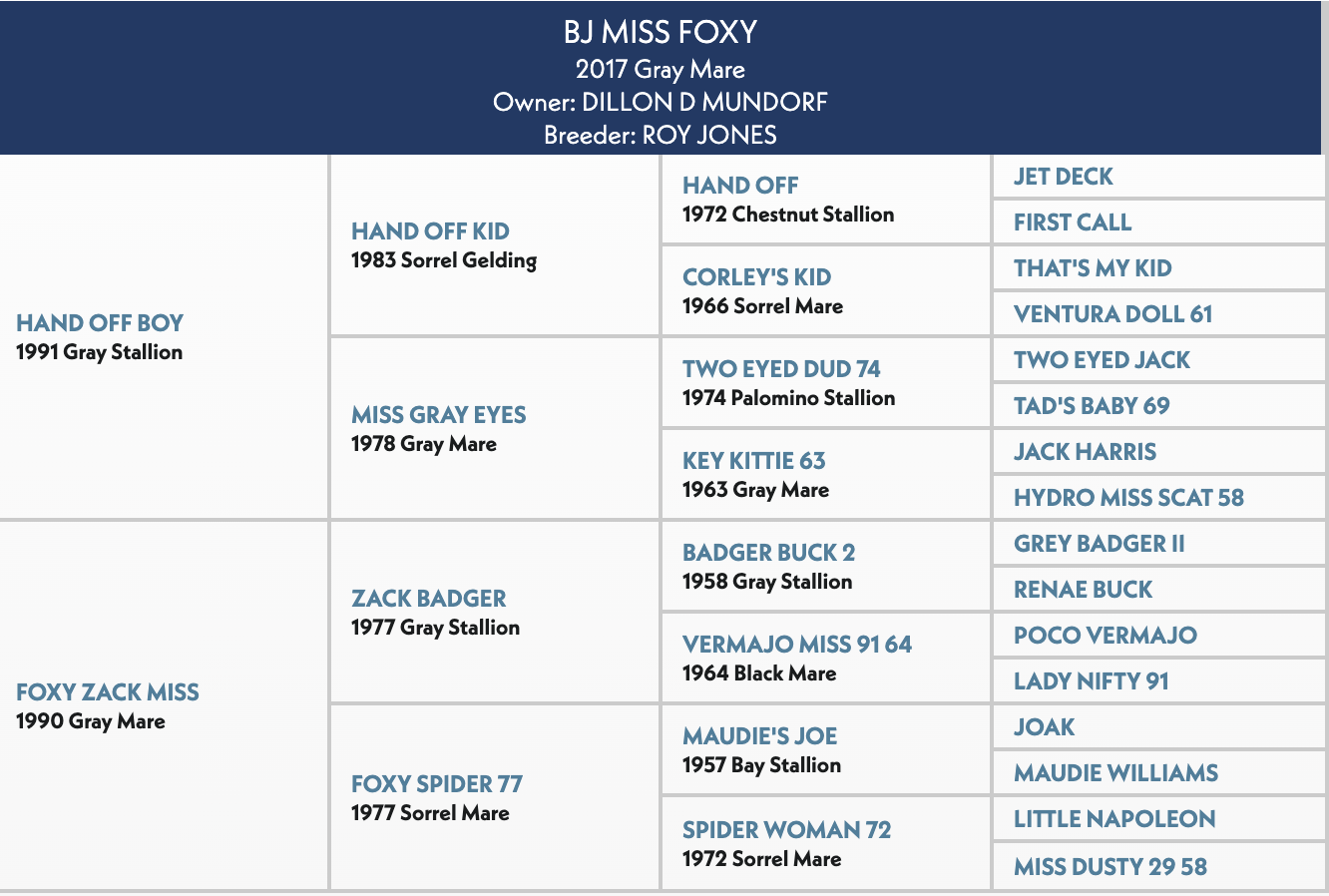 Five-generation pedigree chart for BJ Miss Foxy, a 2017 gray mare, listing sire Hand Off Boy and dam Foxy Zack Miss
