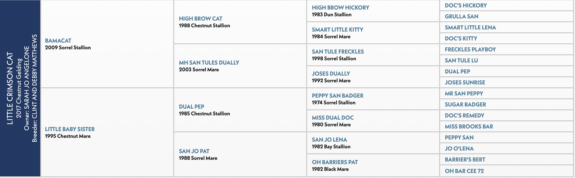 Little Crimson Cat pedigree chart showing sire and dam lineage across four generations, listing horse names and birth years