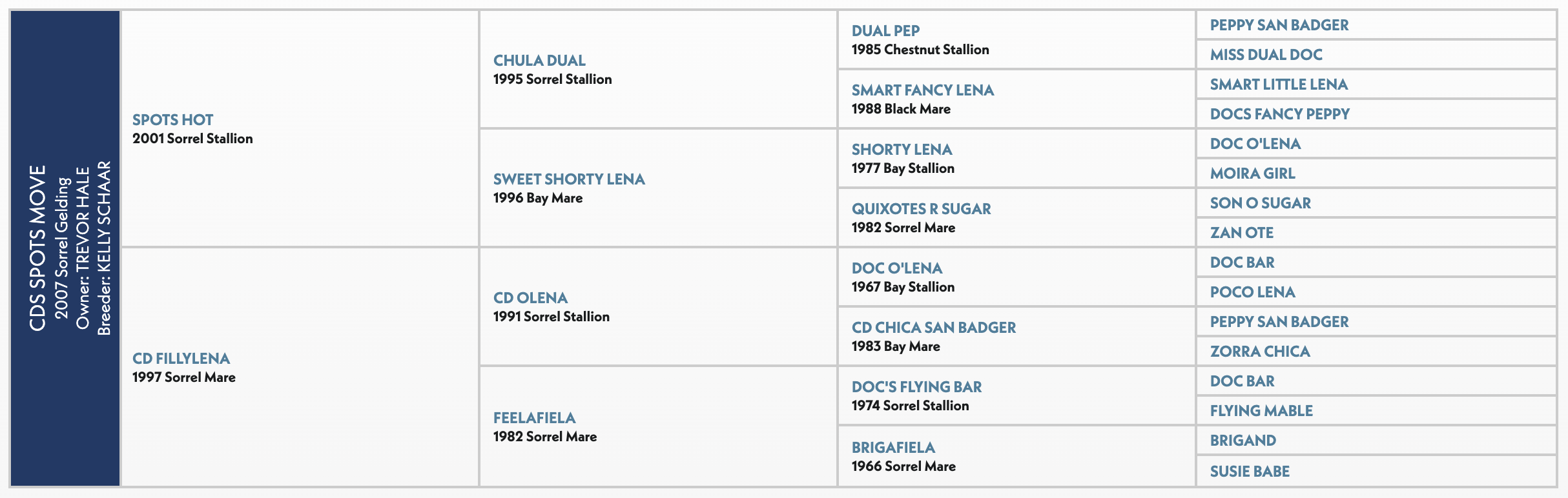 Five-generation pedigree chart for CDS Spots Move, a 2007 sorrel gelding sired by Spots Hot out of CD Fillylena