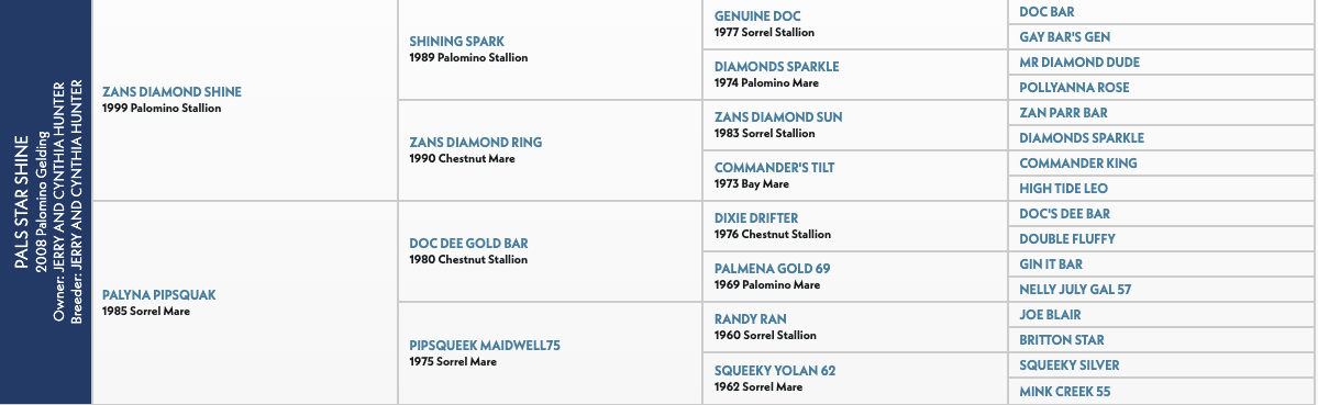 Five-generation pedigree chart for Pals Star Shine, a 2008 palomino gelding, listing sires and dams by name, year and color