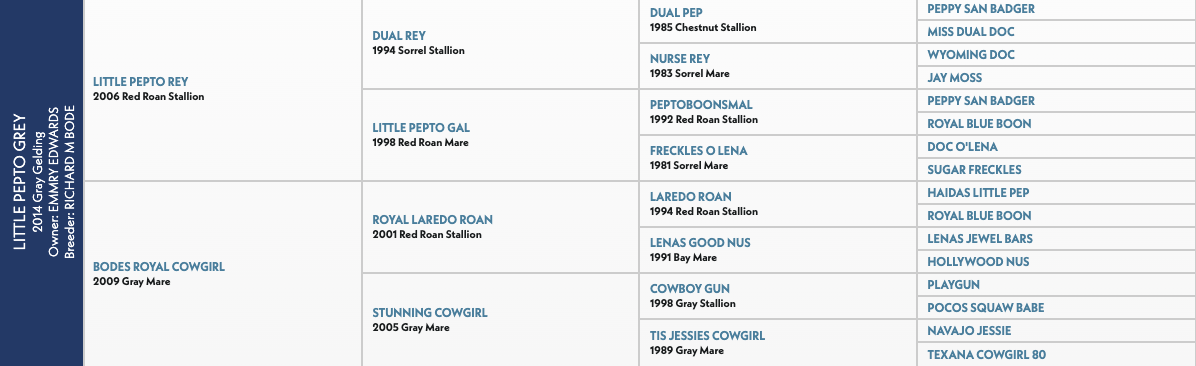Five-generation pedigree chart for Little Pepto Grey, a 2014 gray gelding, listing sires and dams including Dual Rey and Peptoboonsmal