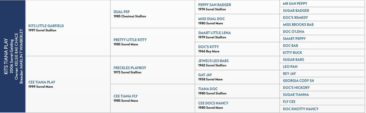 Five-generation pedigree chart for Kits Tiana Play, a 2006 sorrel gelding, tracing sires and dams back to Doc Bar and Sugar Bars