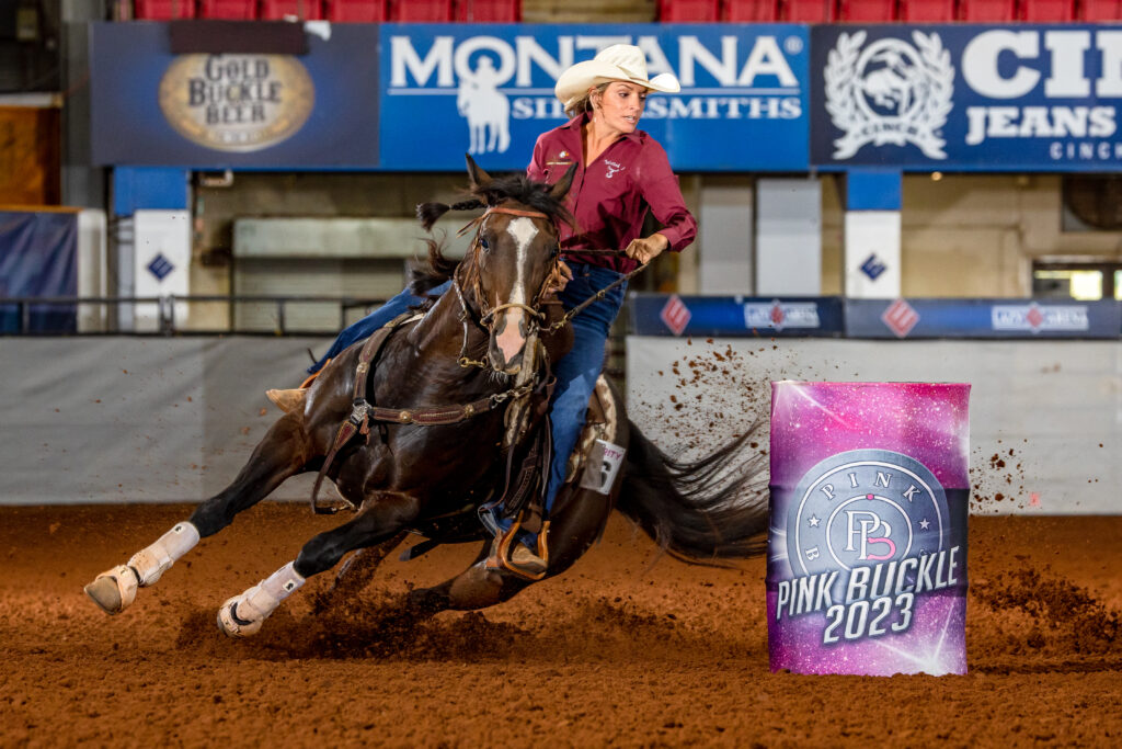 Whitney Godinez Pink Buckle barrel racing