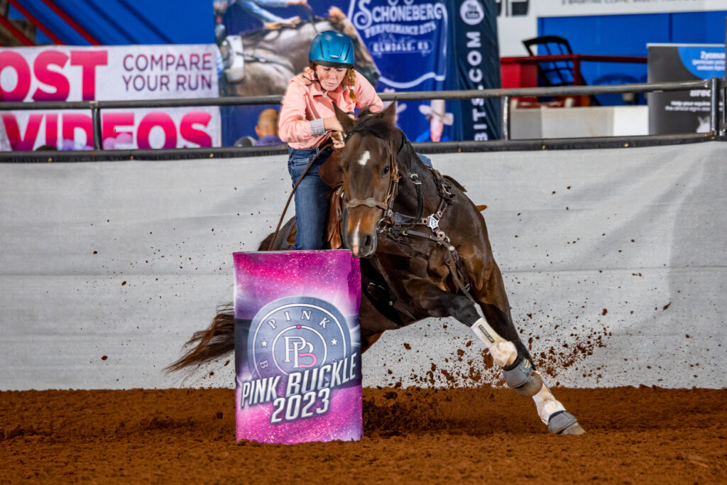 Hallie Tillman barrel racing at Pink Buckle