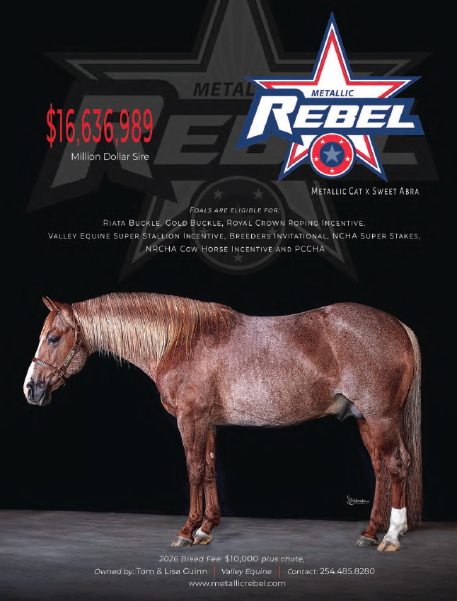 Stallion breeding ad for Metallic Rebel showing a red roan stud standing in profile against a black backdrop with star logo