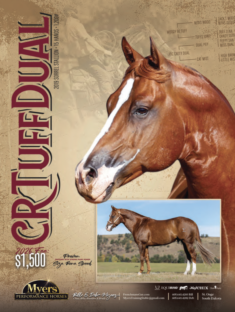 Chestnut stallion Crf Dual standing in profile with white blaze, featured in Myers Performance Horses 2026 breeding advertisement with $1,500 fee and smaller full-body photo inset