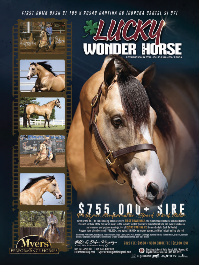 Lucky Wonder Horse stallion breeding advertisement featuring a buckskin horse with white blaze wearing a halter, with performance photos along the left side and $755,000 sire fee information