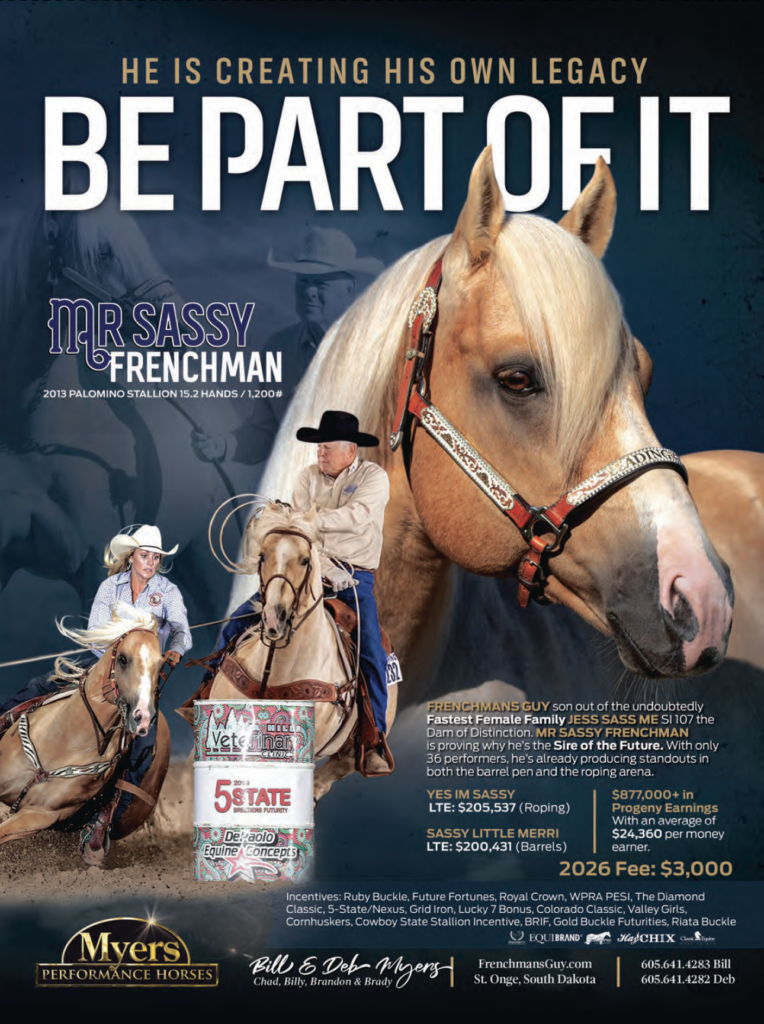 Mr Sassy Frenchman, a palomino stallion with white mane and red halter, shown in promotional poster advertising breeding services and legacy creation in barrel racing and roping