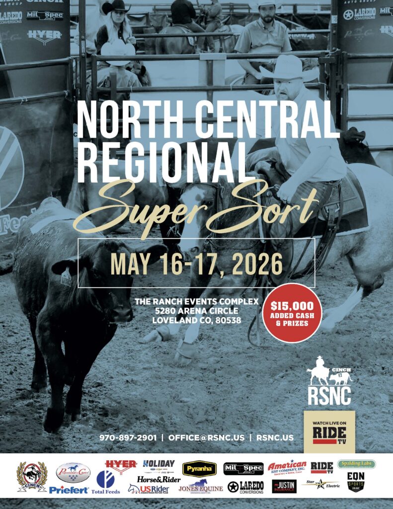 Event poster for the North Central Regional Super Sort ranch sorting event, showing a mounted rider working cattle in an arena
