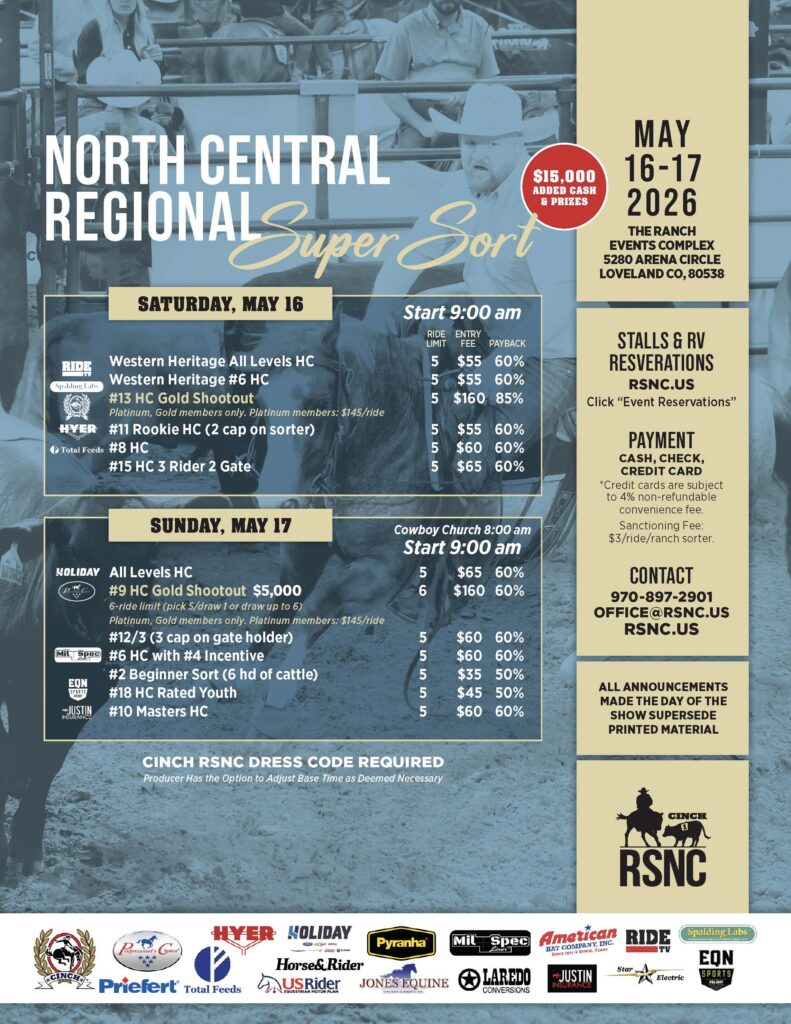 North Central Regional Super Sort event flyer listing May 16-17, 2026 ranch sorting classes, fees and payback at Loveland, Colorado