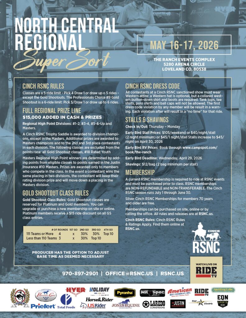 Event flyer for the North Central Regional Super Sort ranch sorting show, listing Cinch RSNC rules, prizes, stalls and membership info