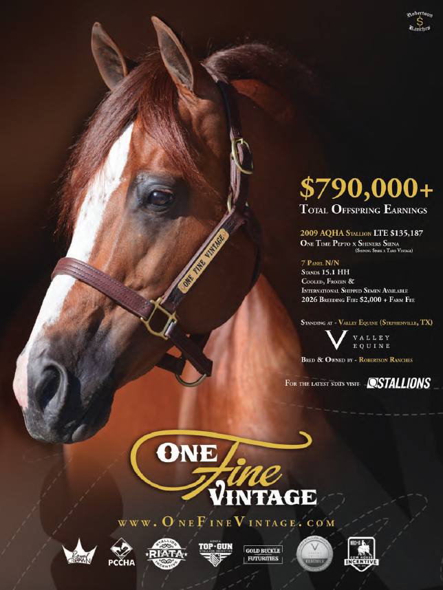 Stallion breeding ad for One Fine Vintage, a chestnut AQHA stallion in a leather halter with nameplate, listing offspring earnings and stud fee
