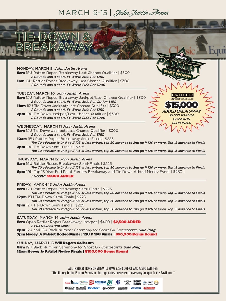 Hooey Jr Patriot Fort Worth tie-down and breakaway schedule flyer for March 9-15 with a roper swinging a loop at top