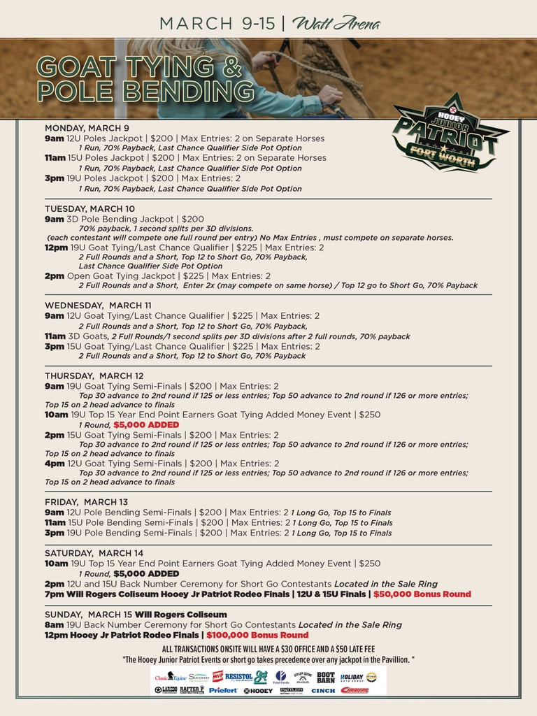 Hooey Jr Patriot Fort Worth goat tying and pole bending schedule flyer for March 9–15 at Watt Arena