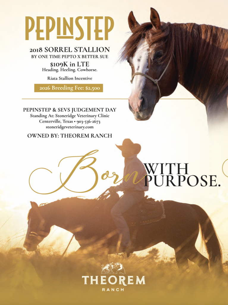 Pepinstep, 2018 sorrel stallion, promotional flyer showing horse portrait above silhouette of cowgirl on horseback with "Born with Purpose" tagline for Theorem Ranch