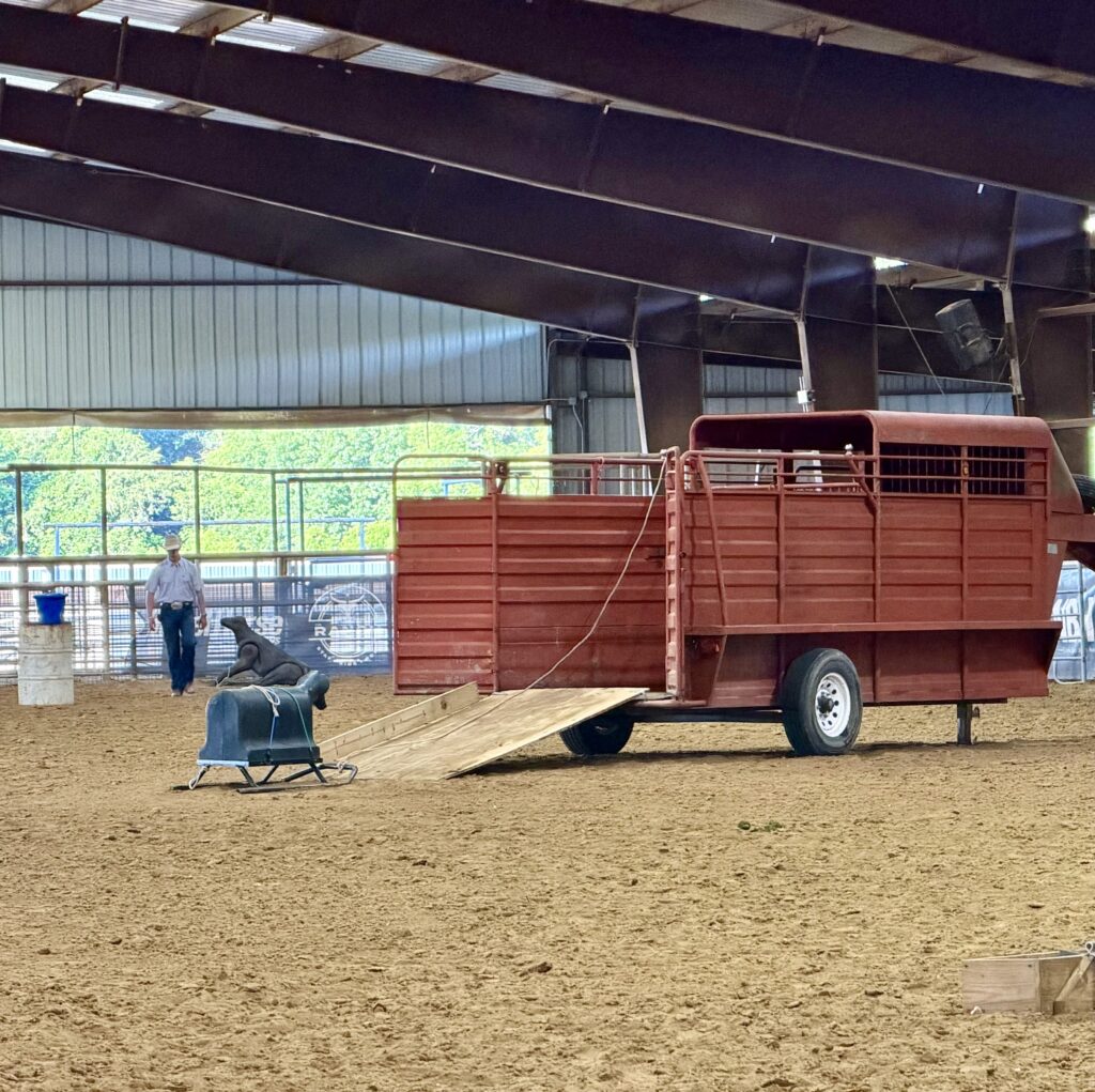 Roping dummy on a sled beside a red stock trailer with loading ramp in a covered arena as a man in a cowboy hat watches