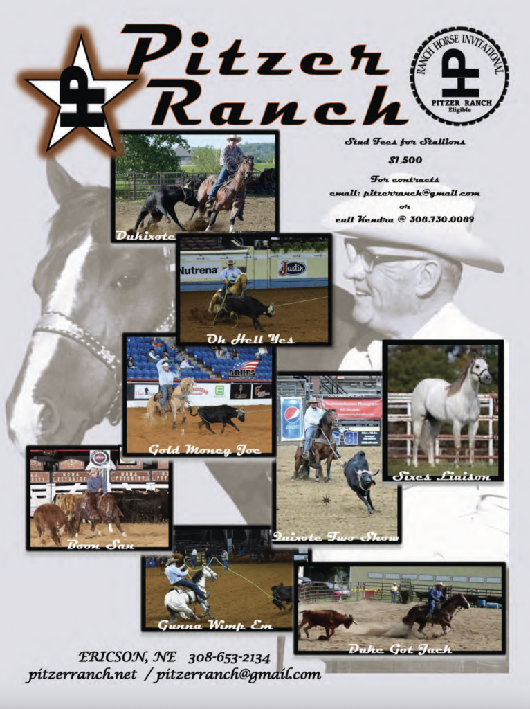 Pitzer Ranch stud advertisement featuring collage of rodeo action photos including roping, barrel racing, and steer wrestling, with contact details and $1,500 stud fee
