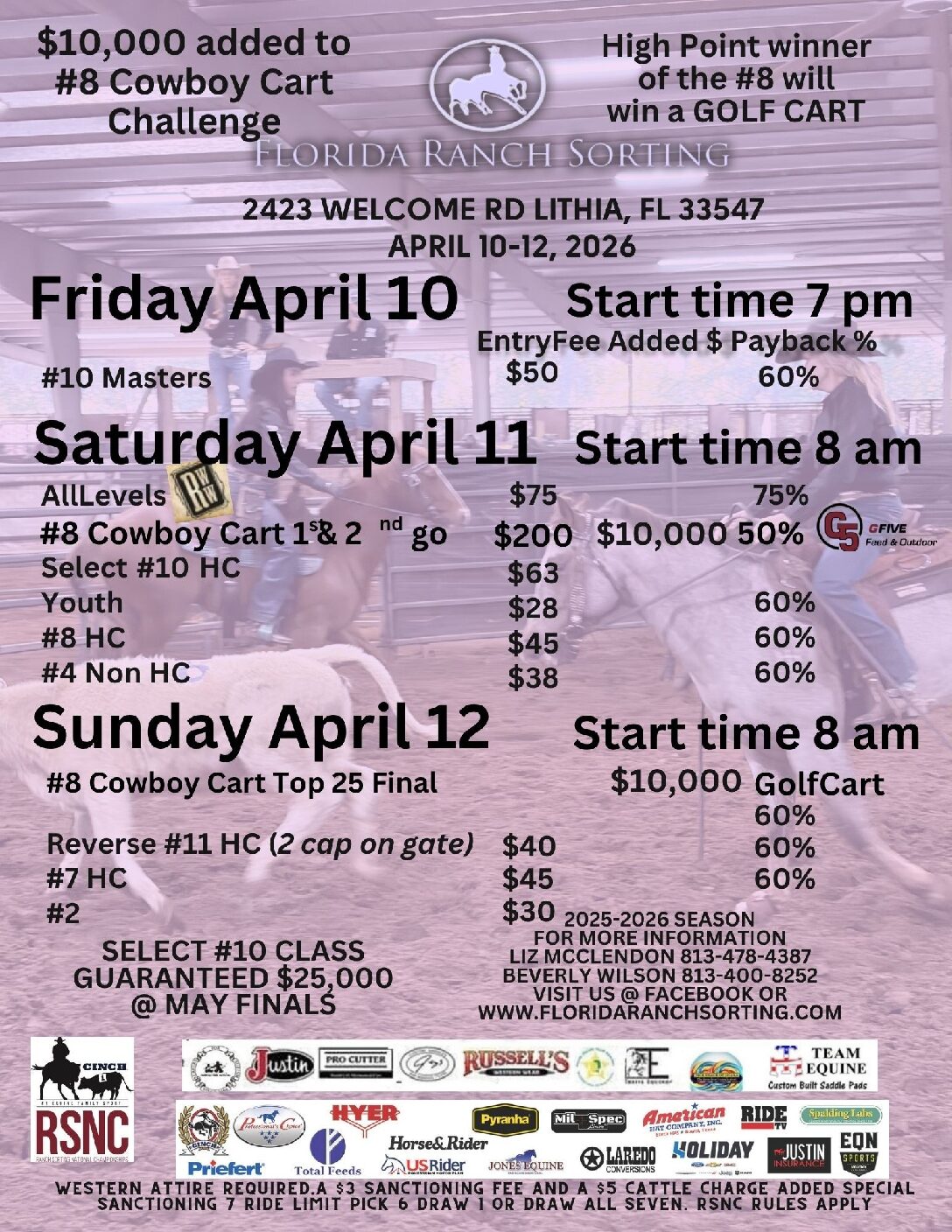 Florida Ranch Sorting event flyer listing April 10-12, 2026 classes, entry fees and payouts over a faded ranch sorting photo
