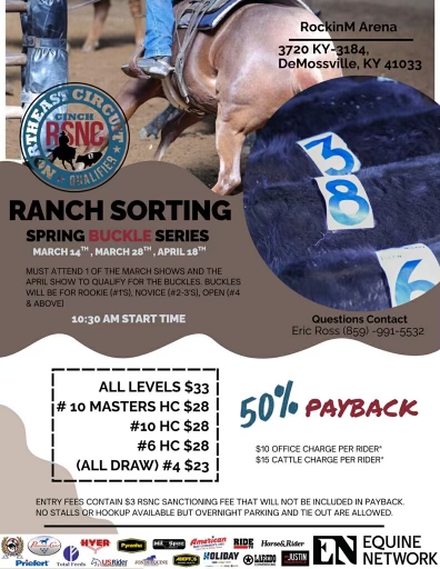 Event flyer for a RockinM Arena ranch sorting spring buckle series, showing a rider sorting numbered cattle and Cinch RSNC qualifier logo