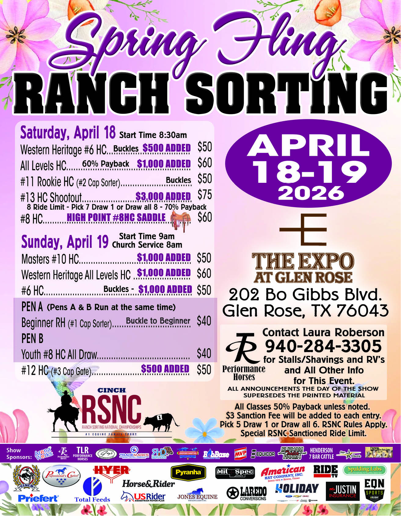 Floral Spring Fling Ranch Sorting flyer listing April 18-19, 2026 classes, added money and entry fees at The Expo at Glen Rose