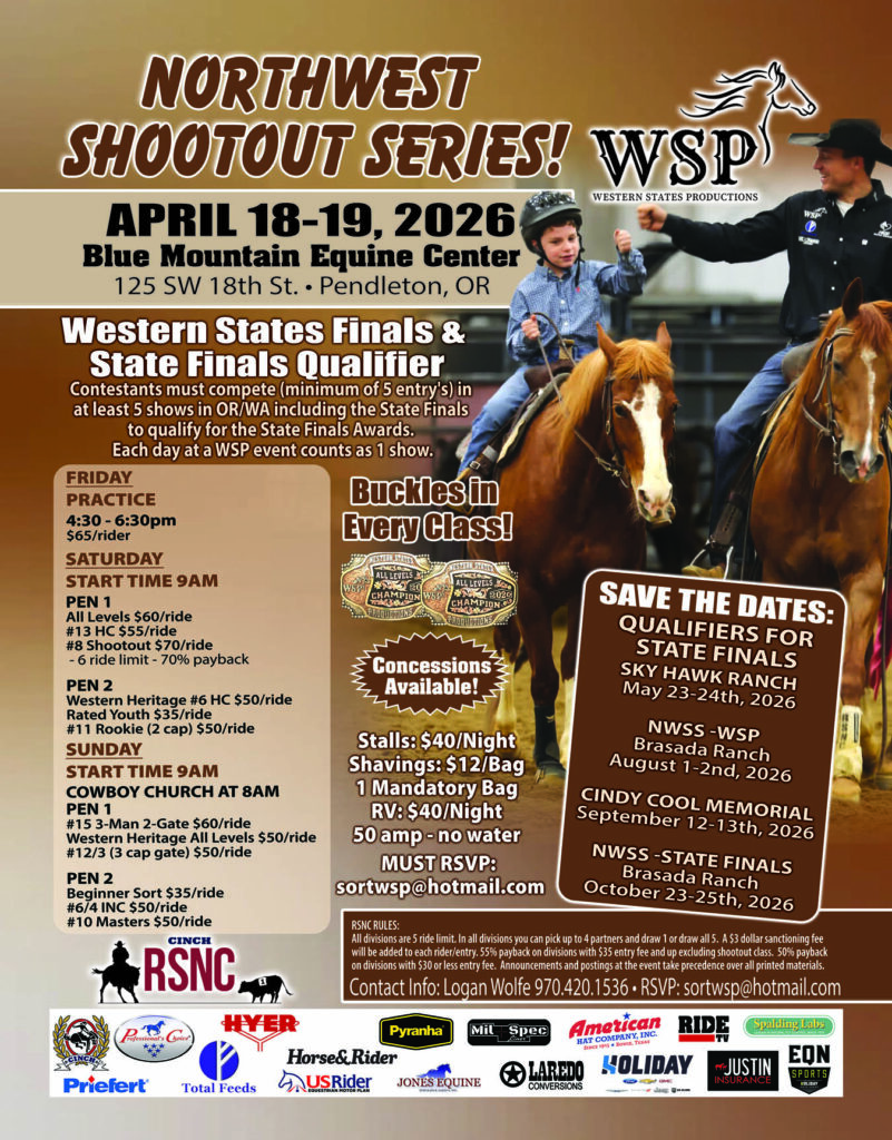 Northwest Shootout Series event flyer with a young rider on horseback beside a coach, listing April 18-19, 2026 classes in Pendleton, Oregon