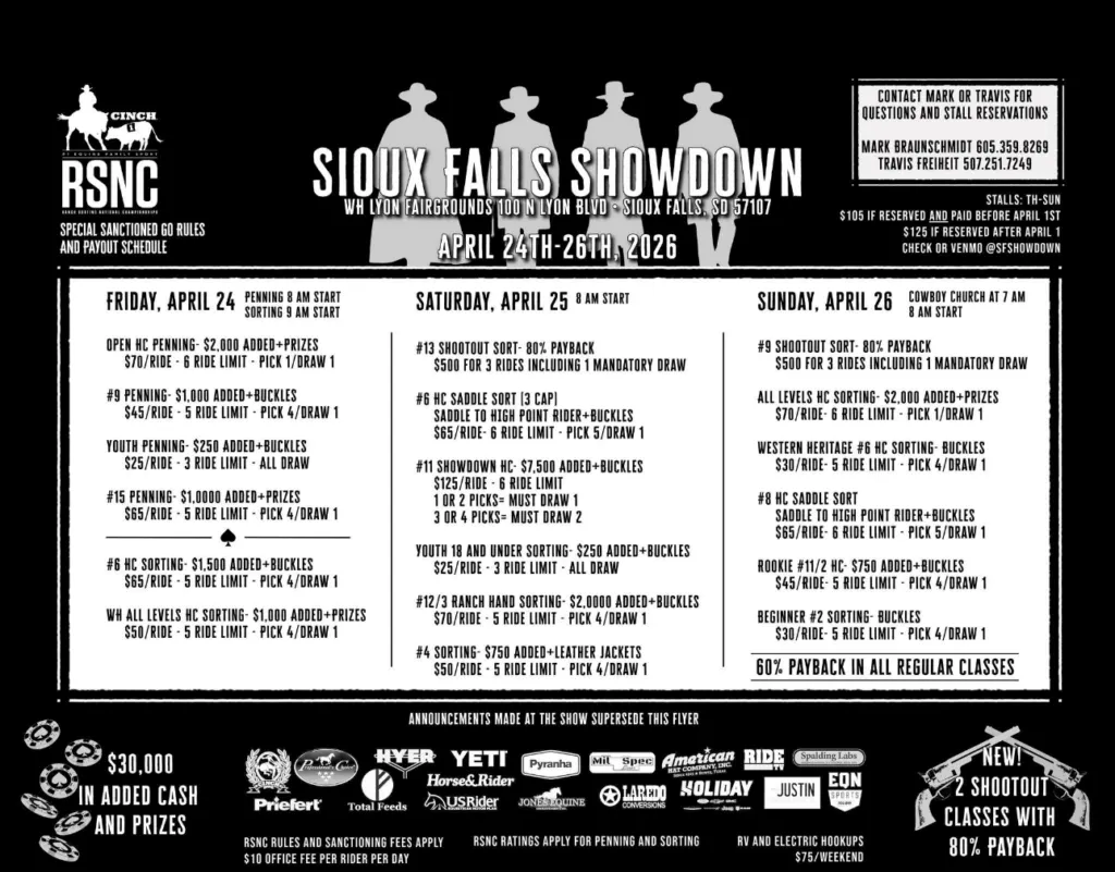 Event flyer for the Sioux Falls Showdown RSNC ranch sorting and penning show, April 24-26, 2026, listing daily class schedules and payouts
