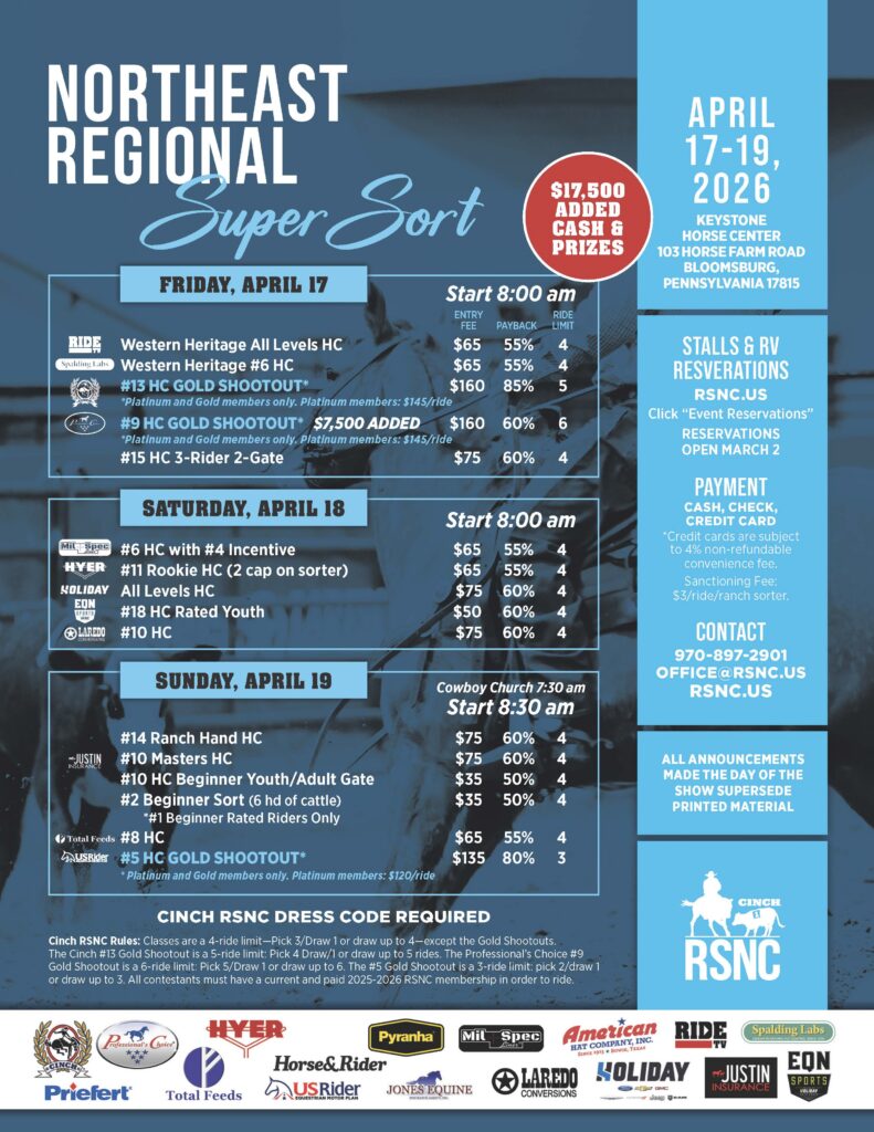 Event flyer for the Northeast Regional Super Sort ranch sorting show, April 17-19, 2026, in Bloomsburg, Pennsylvania