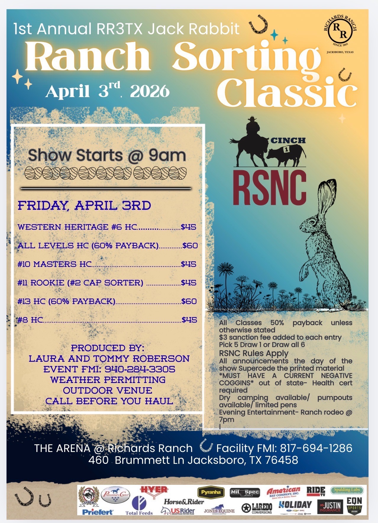 Event flyer for the 1st Annual RR3TX Jack Rabbit Ranch Sorting Classic with class list, Cinch RSNC logo and jackrabbit art