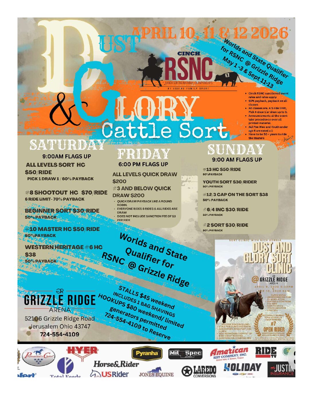 Dust & Glory Cattle Sort event flyer for April 10-12, 2026 at Grizzle Ridge Arena, listing Cinch RSNC ranch sorting classes and fees