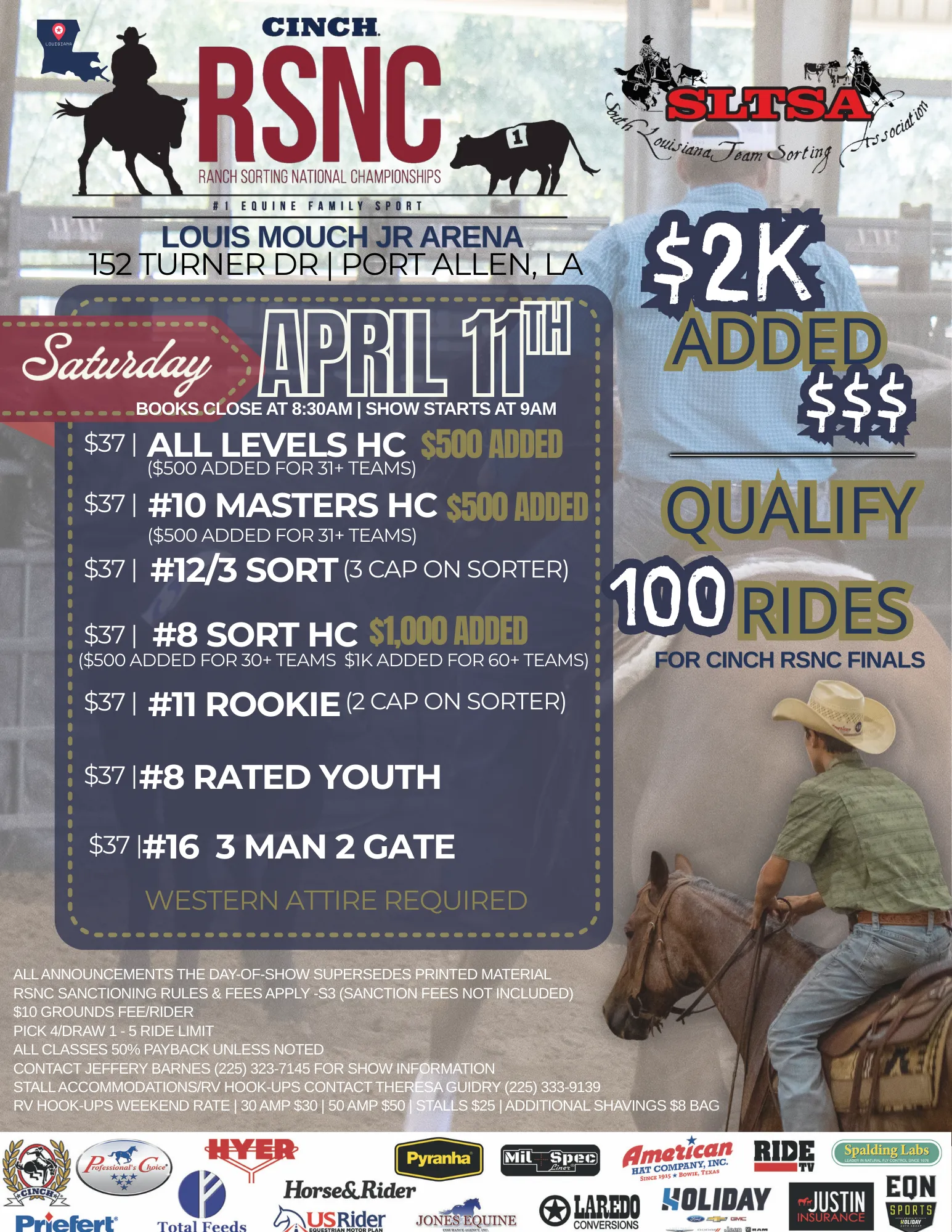 Cinch RSNC and SLTSA ranch sorting event flyer for April 11 at Louis Mouch Jr Arena in Port Allen, Louisiana