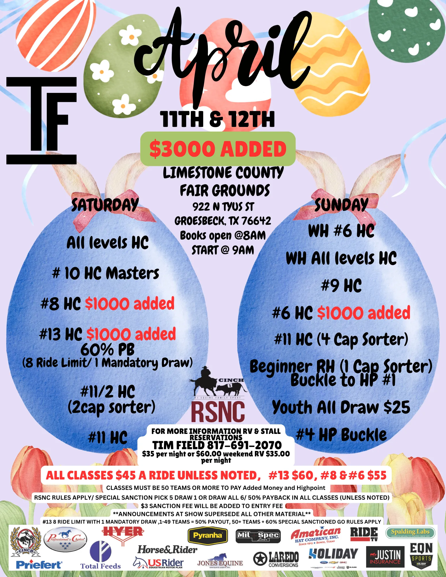 Easter egg–themed flyer for an April 11–12 RSNC ranch sorting event in Groesbeck, Texas with $3000 added and class listings
