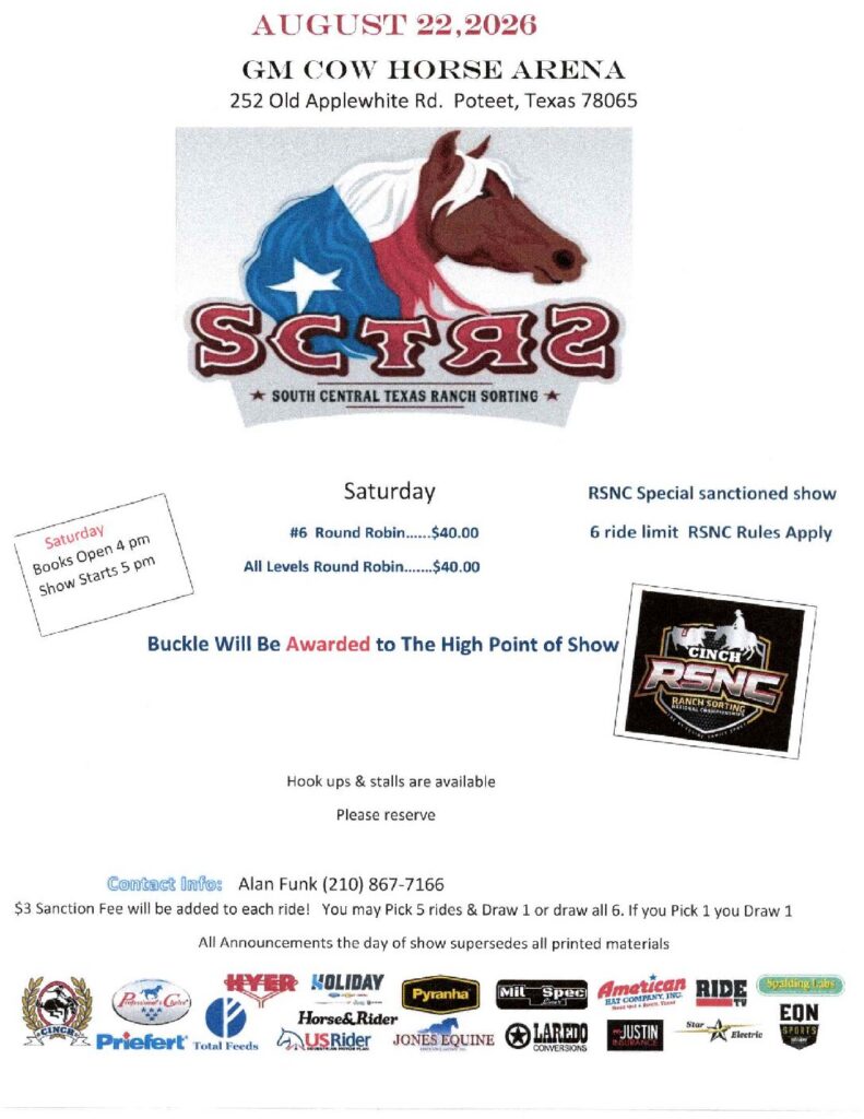 South Central Texas Ranch Sorting event flyer with Texas flag horse logo for an August 22, 2026 RSNC sanctioned show in Poteet