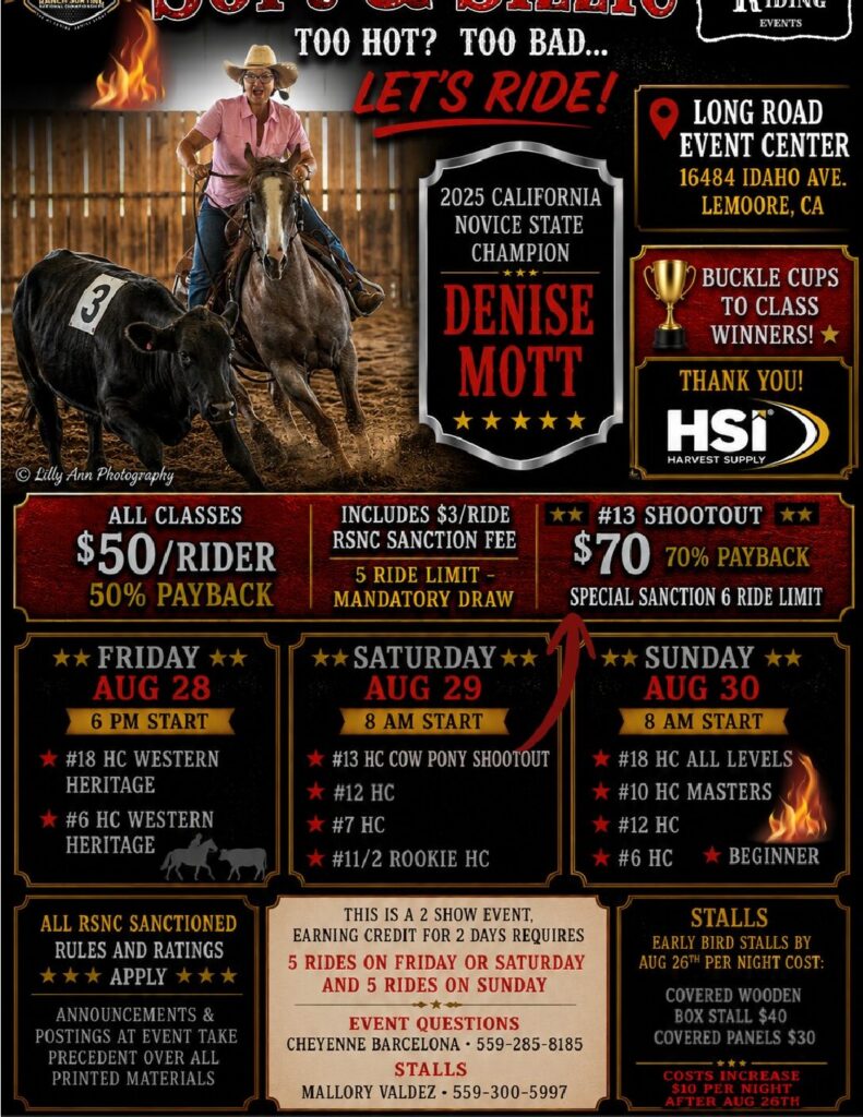Ranch sorting event flyer featuring a rider in pink shirt working a numbered steer, with class schedule and entry fees