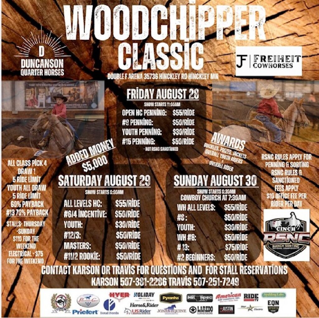 Woodchipper Classic event flyer on a wood-grain background listing ranch sorting and penning classes, fees and sponsor logos