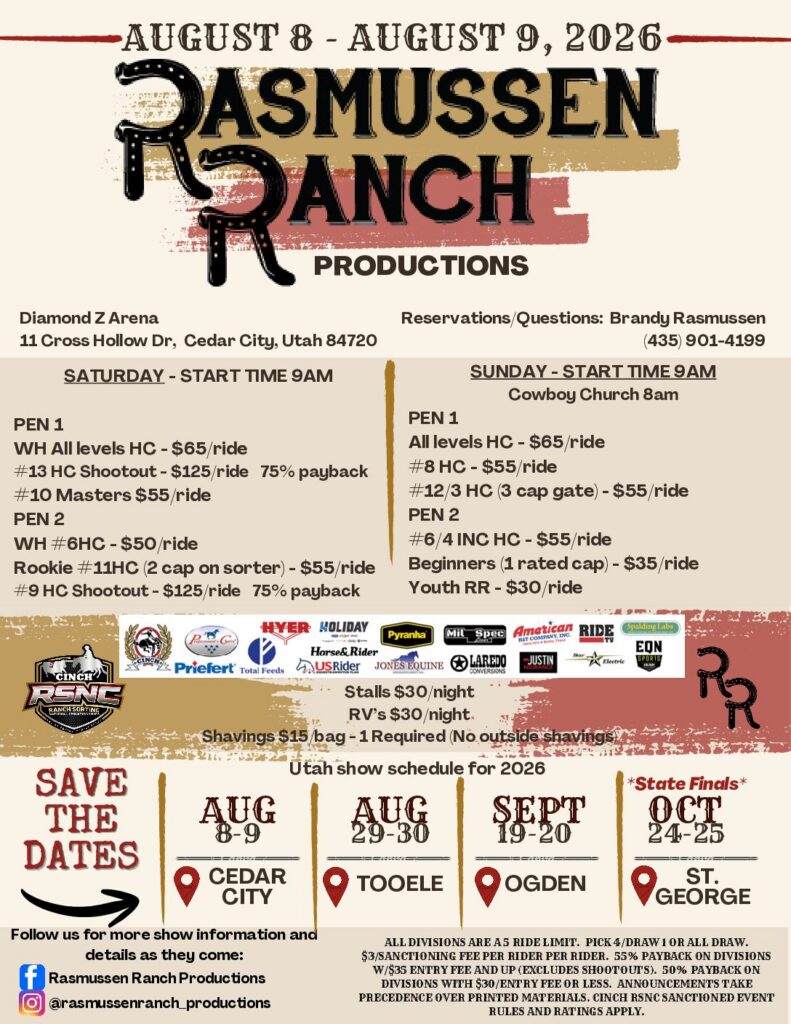 Event flyer for Rasmussen Ranch Productions ranch sorting show, Aug 8-9, 2026 at Diamond Z Arena in Cedar City, Utah