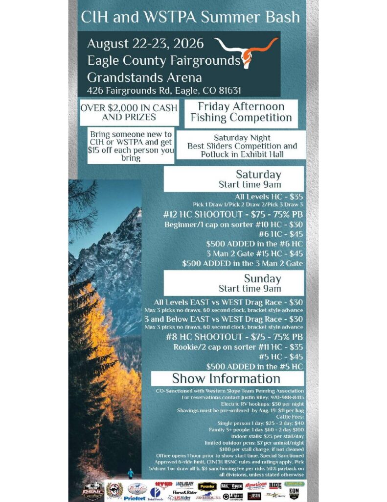 Event flyer for the CIH and WSTPA Summer Bash ranch sorting and team penning show at Eagle County Fairgrounds in Colorado