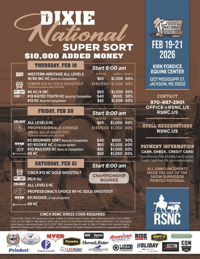 Dixie National Super Sort event flyer listing Feb 19-21, 2026 Cinch RSNC ranch sorting classes, fees and added money