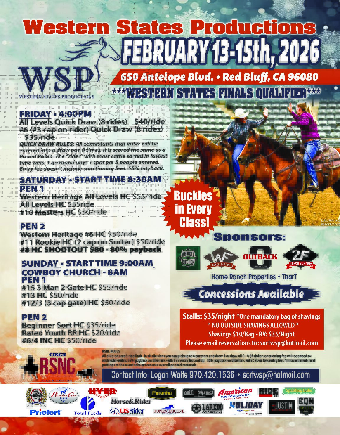 Western States Productions event flyer for a February 13-15, 2026 ranch sorting qualifier in Red Bluff, California, with two mounted sorters working cattle in an arena