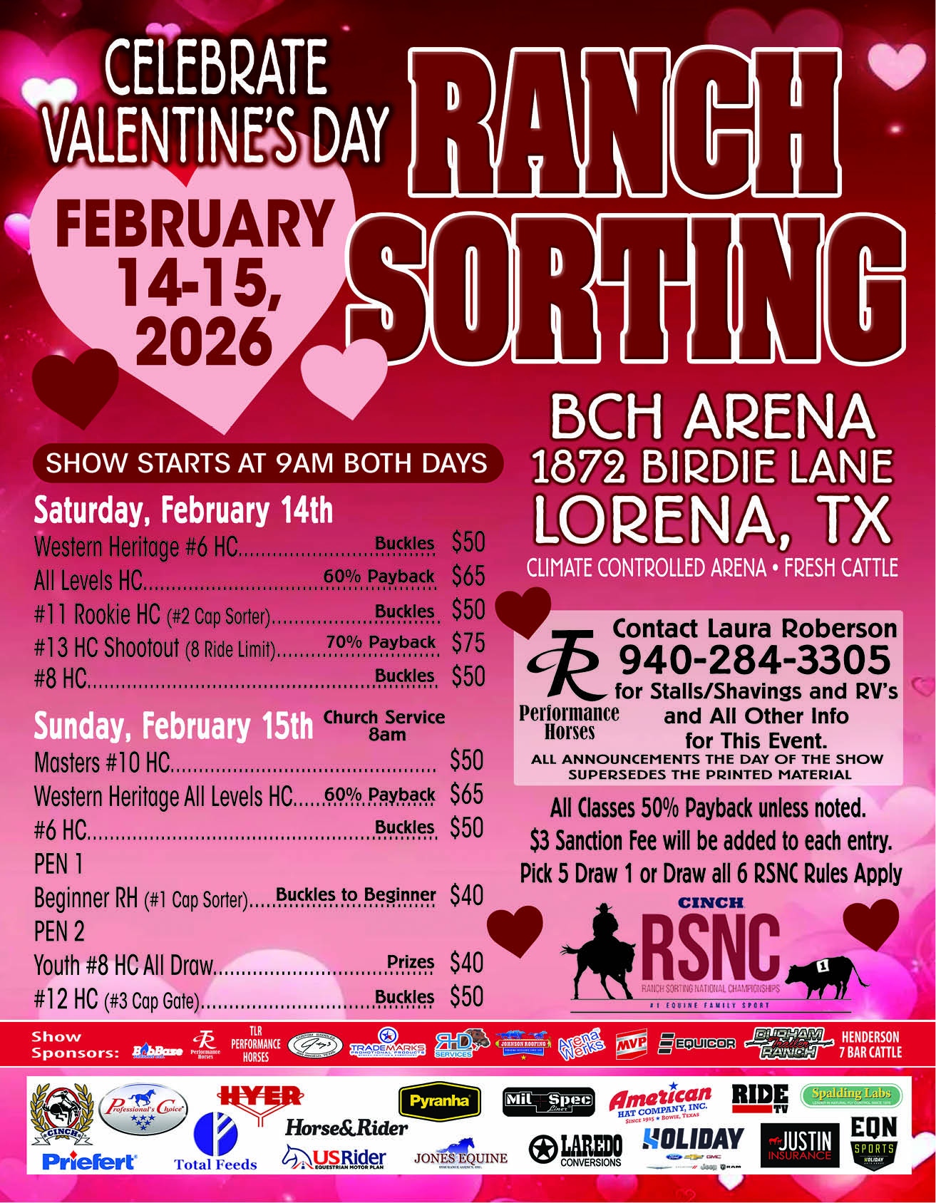 Valentine's-themed flyer for a February 14-15, 2026 ranch sorting at BCH Arena in Lorena, Texas, listing classes and fees