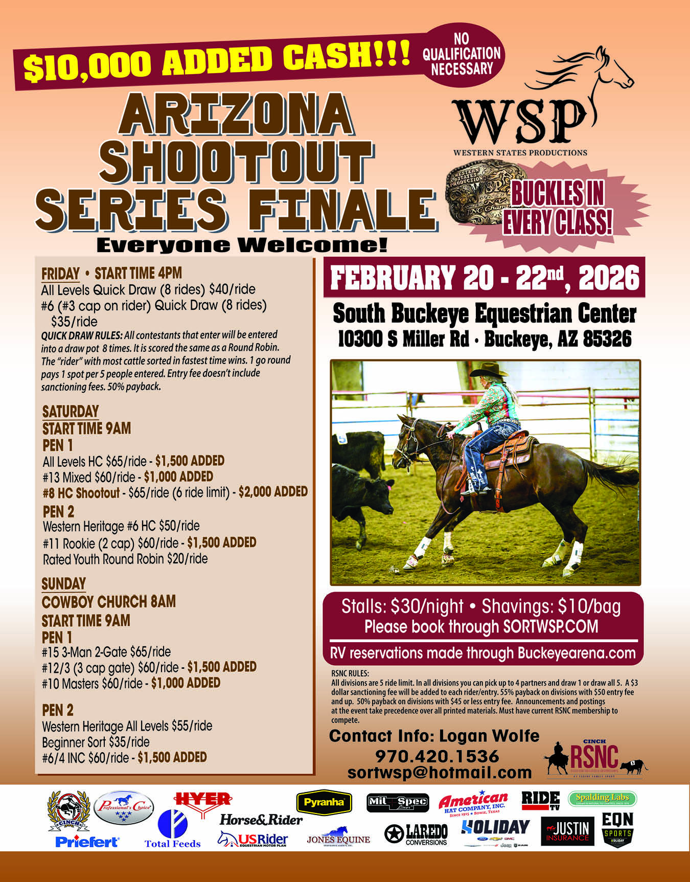 Event flyer for the Arizona Shootout Series Finale ranch sorting show, with a rider on horseback sorting cattle in a pen
