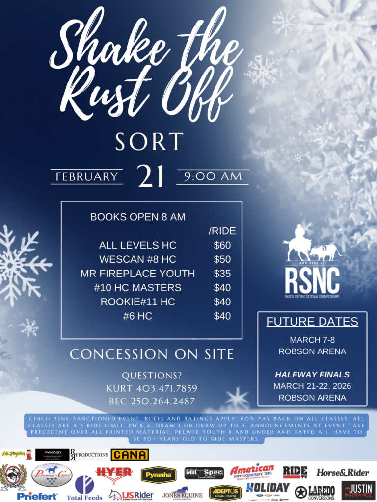 Snowflake-themed "Shake the Rust Off" ranch sorting flyer listing February 21 classes, entry fees and RSNC sponsor logos
