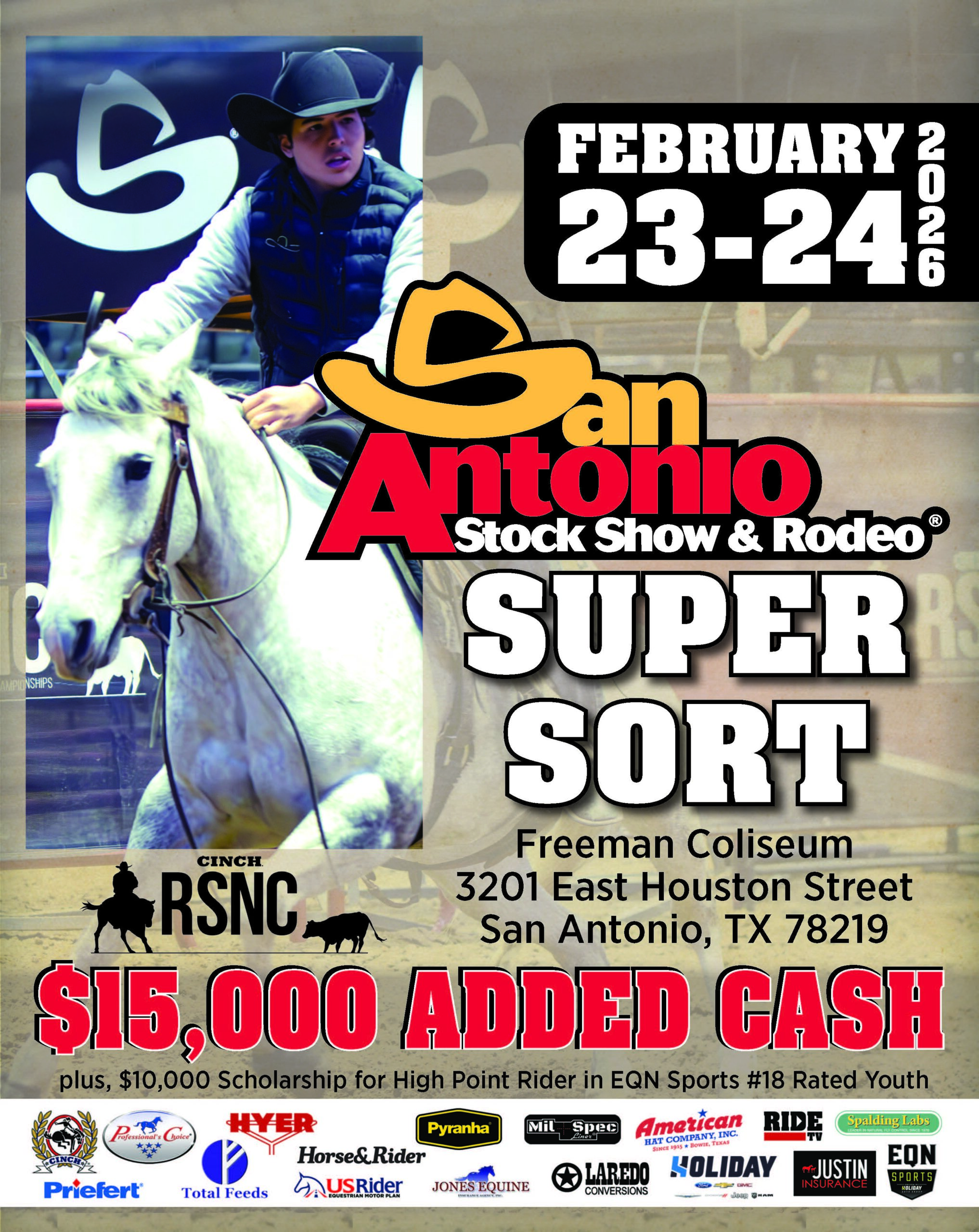 Event flyer for the San Antonio Stock Show & Rodeo Super Sort, February 23-24, 2026, with a rider sorting on a gray horse