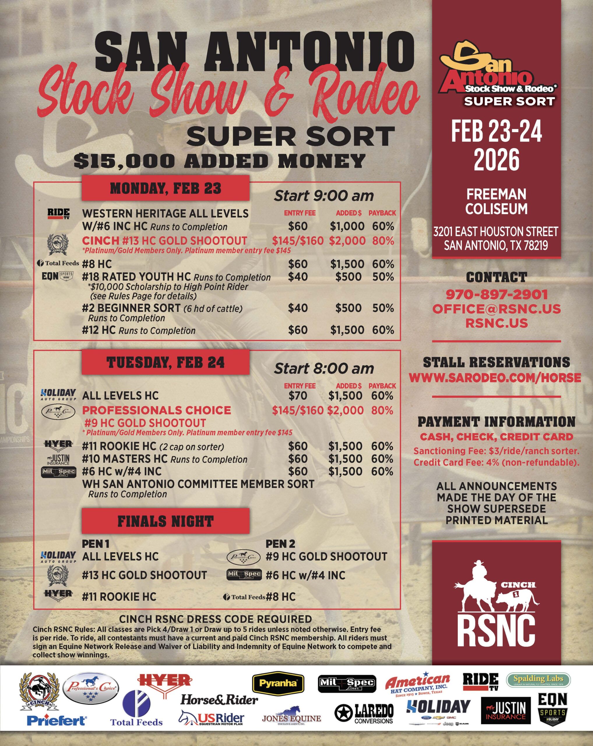 San Antonio Stock Show & Rodeo Super Sort event flyer listing Cinch RSNC ranch sorting classes, fees and added money